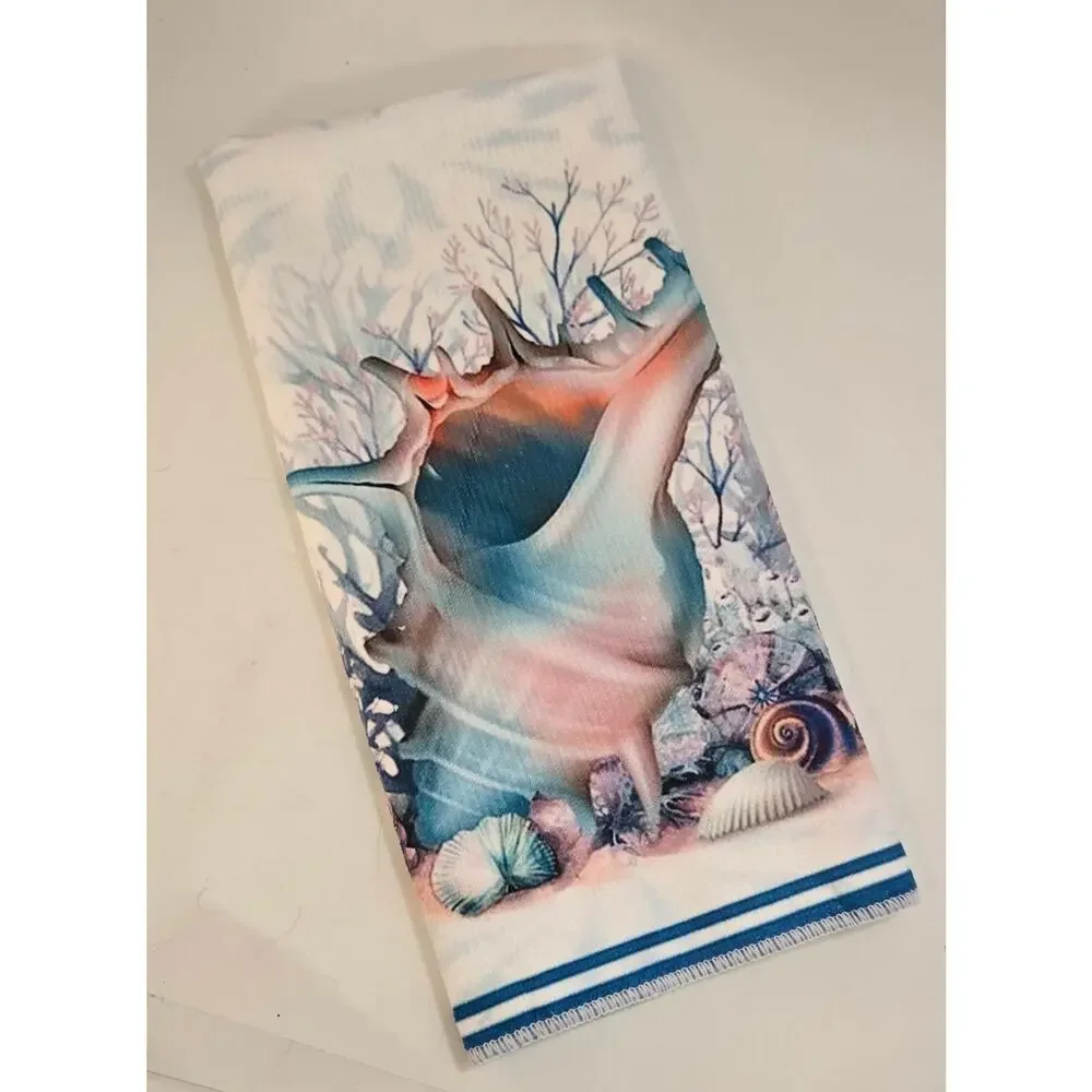 Set of 6 Handtowels Beach Coastal Kitchen Towels Ocean Seashells Nautical New